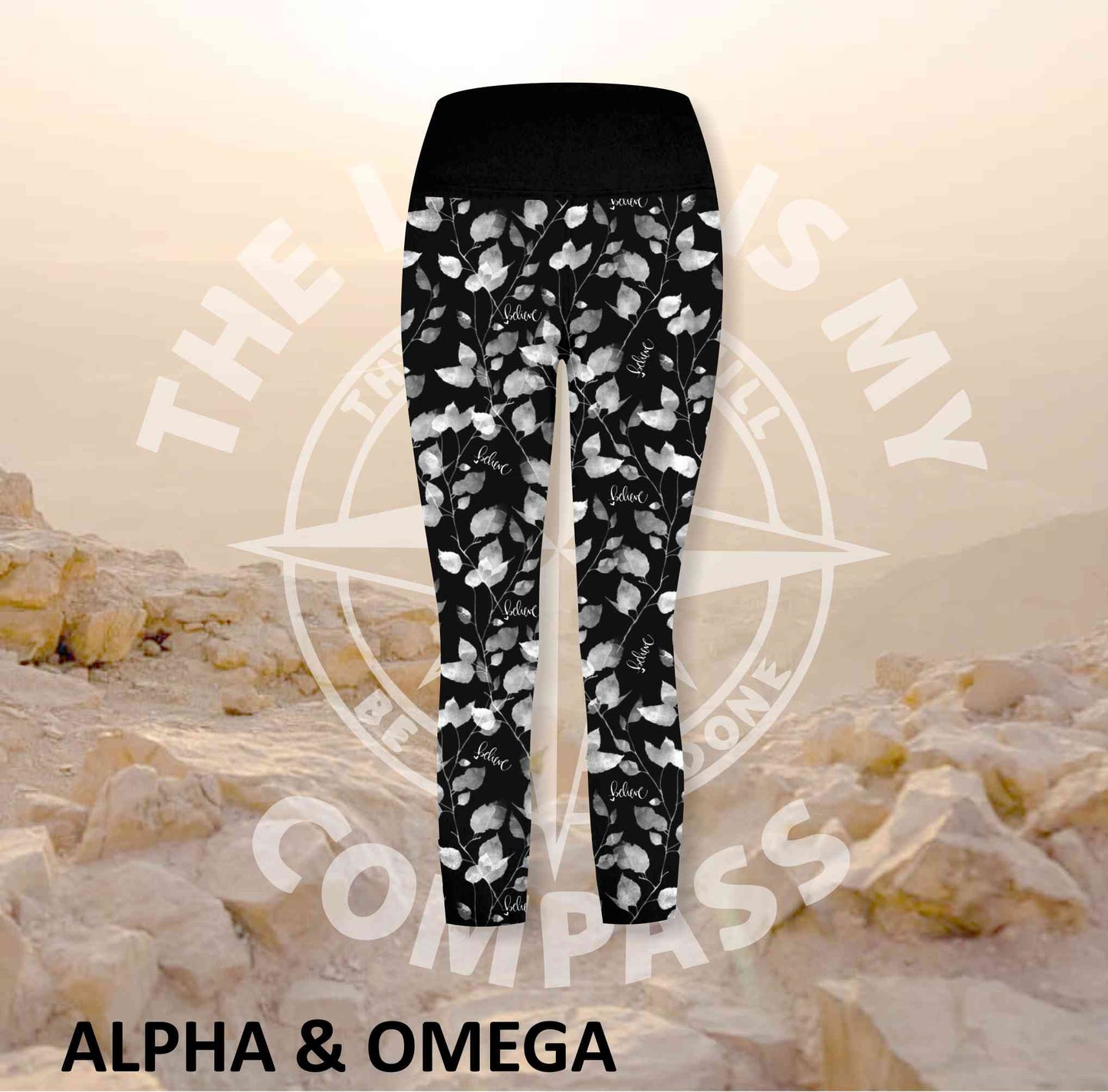 Alpha And Omega Believe Trailing Leaf Print Three Quarter Athleisure Tights