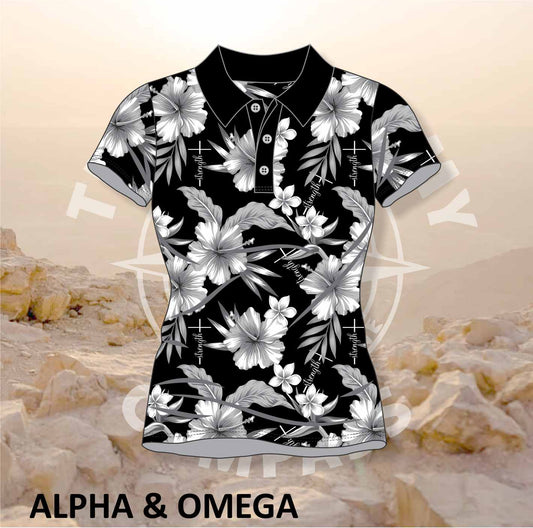 Alpha and Omega Child of God Grey Hibiscus Ladies Golf Shirt