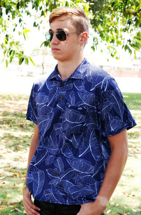 Male Blue Banana Leaf Printed Golf Shirt(3459)