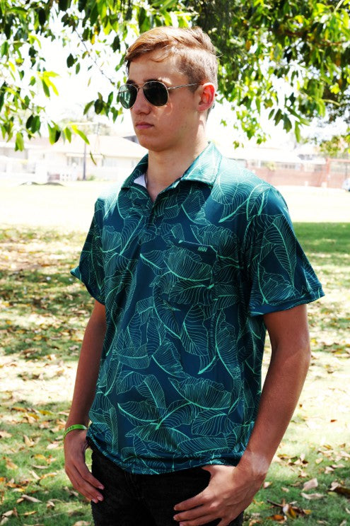 Male Teal Banana Leaf  Printed Golf Shirt(3459)