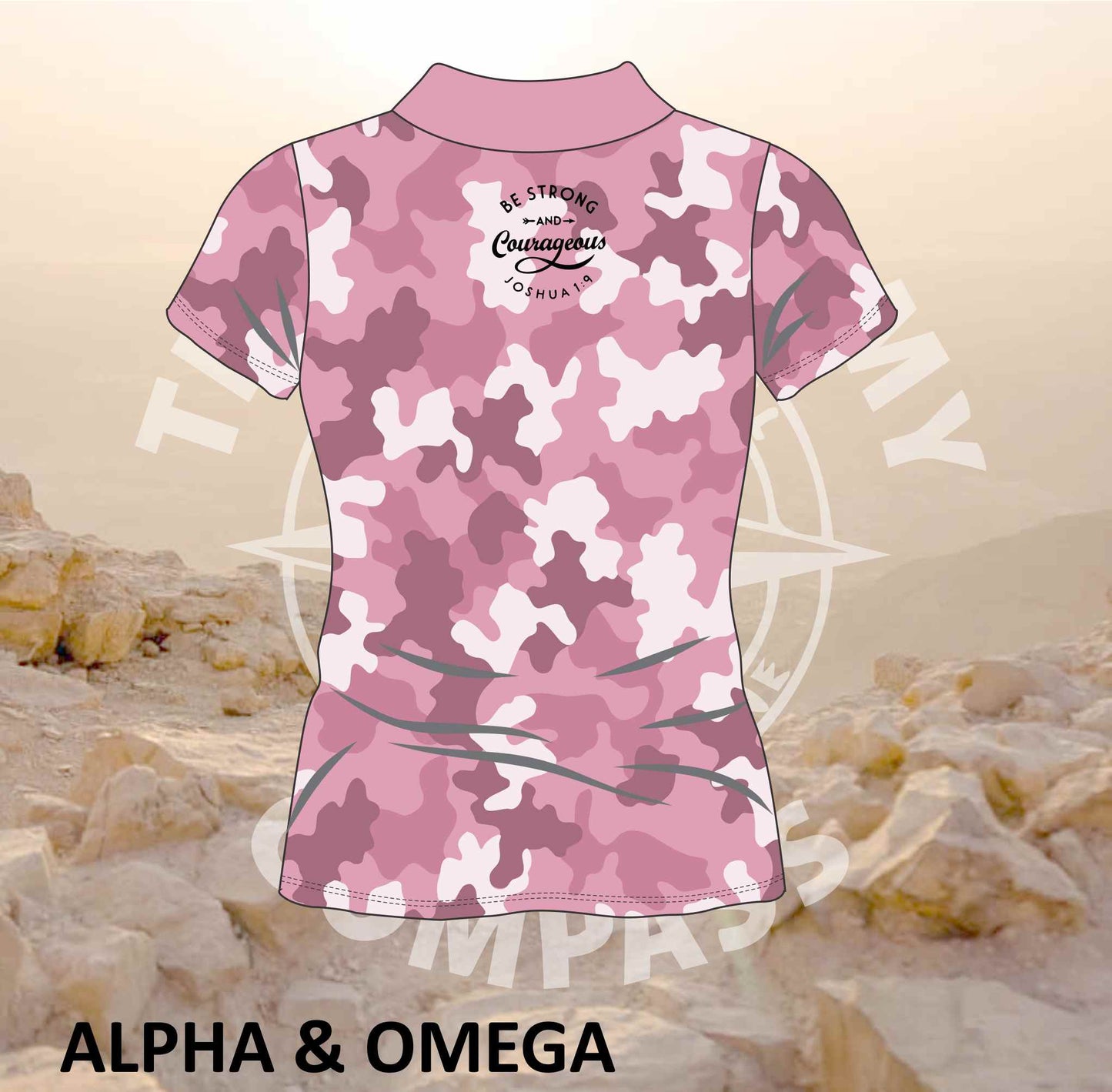 Alpha and Omega Be Strong Pink Camo Ladies Golf Shirt