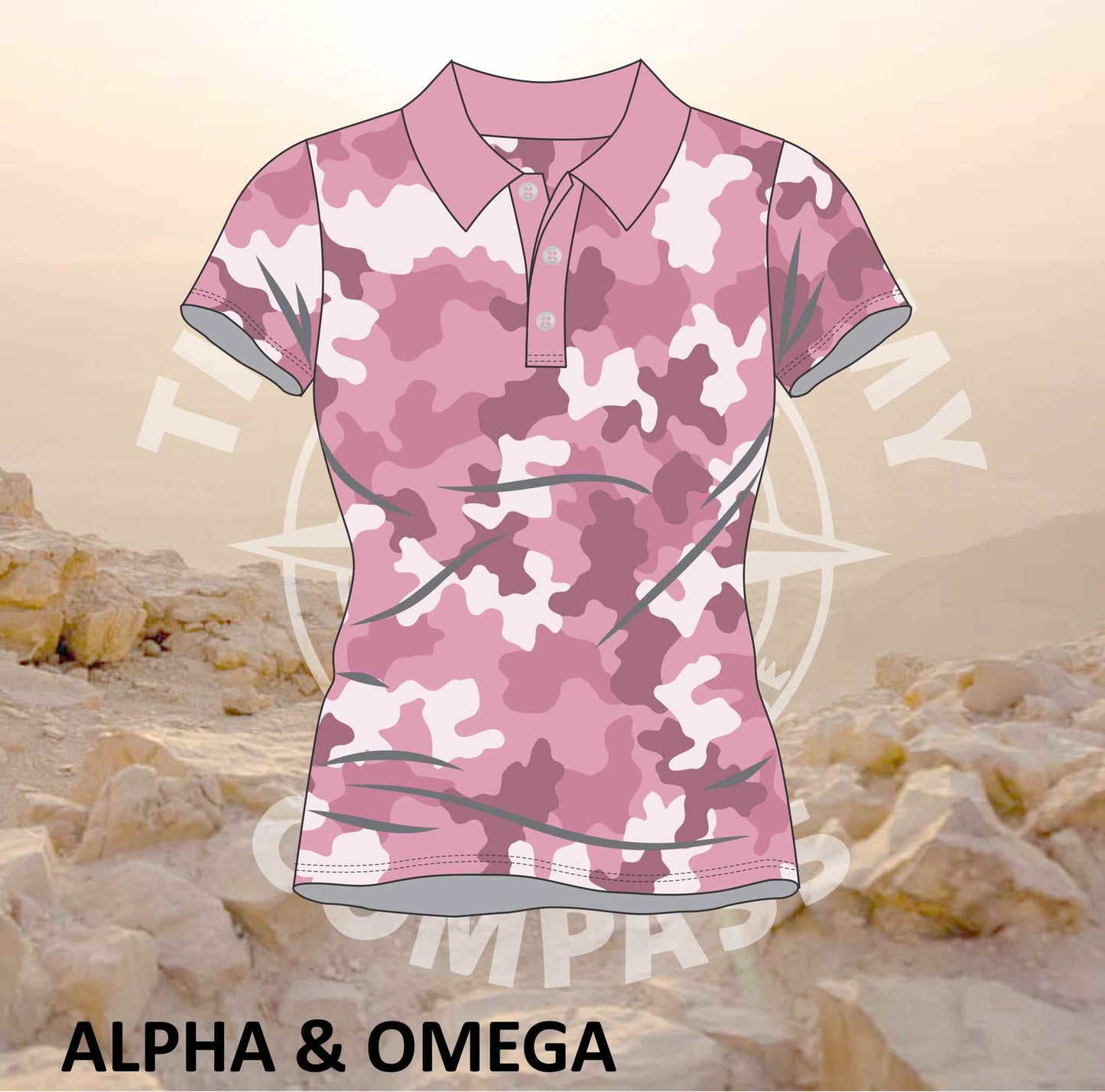 Alpha and Omega Be Strong Pink Camo Ladies Golf Shirt