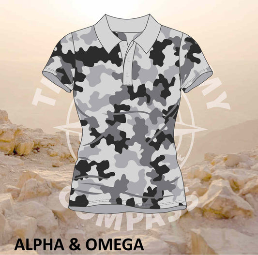 Alpha and Omega Strength Grey Camo Ladies Golf Shirt