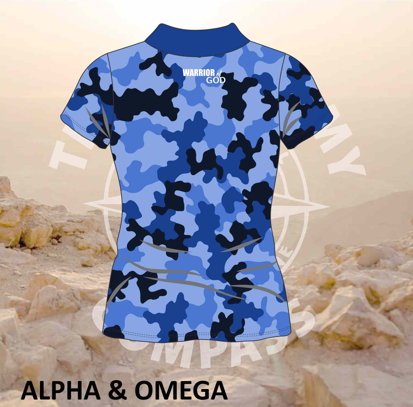 Alpha and Omega Warrior Blue Camo Ladies Golf Shirt